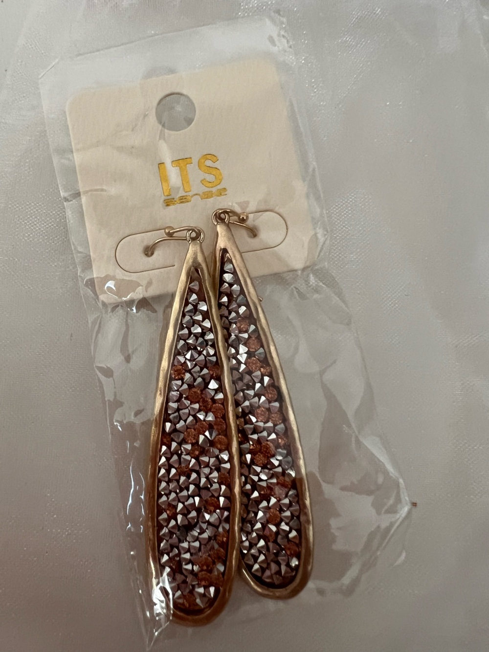 Gold-Tone Drop Earrings with Brown and Silver Crystal Accents